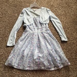 Knit Works Blue Lace Floral Twirl Dress with Cropped Sweater Size 12